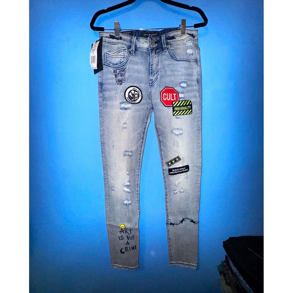 Cult of Individuality Skinny Jeans PatchWork Gray Light Wash Graphic Size 32/32